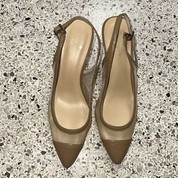 Kate Spade mesh slingback patent trim heels pump tan nude beige 7 - Picture 6 of 10